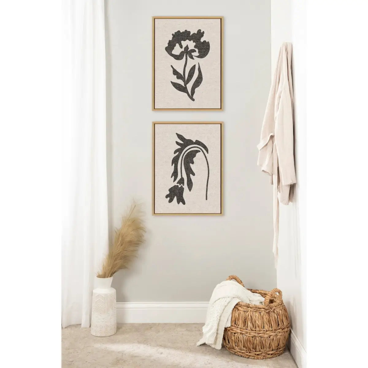 Scandi Botanical Neutral Textured Linen Framed Canvas Art Set - Natural / 2 Piece Set 18x24 - kateandlaurel