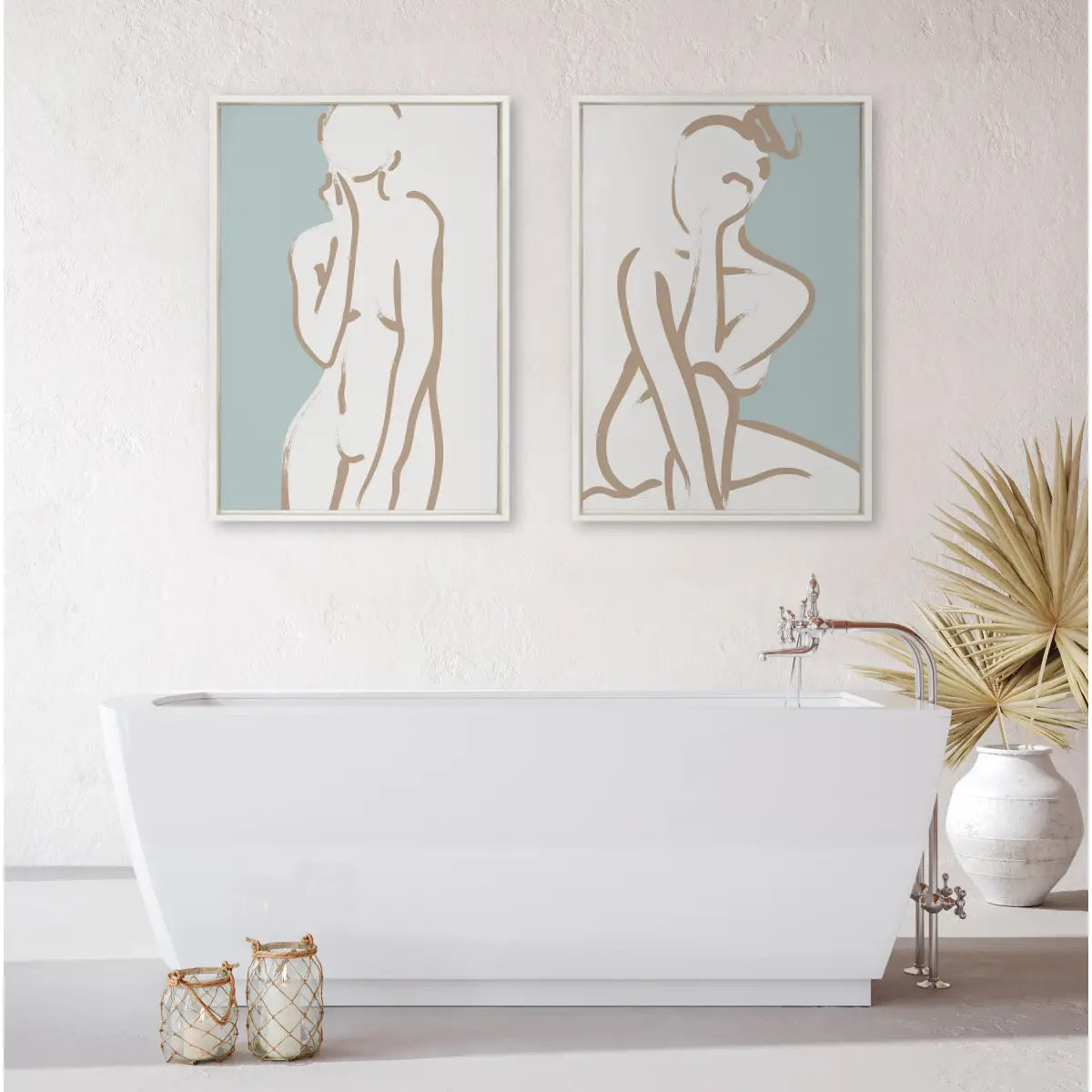 Framed Canvas Art - Simple Romantic Line Art Drawing Tan and Teal - kateandlaurel
