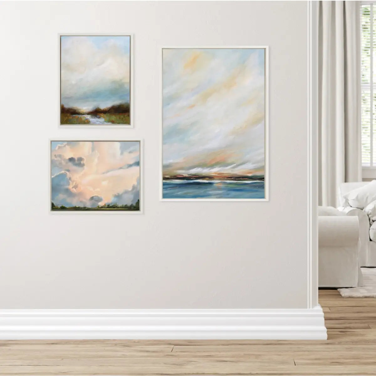 Canvas Art Print Set of 3 - Sunday Morning Tranquility and Clouds - White / 3 Piece Set - kateandlaurel