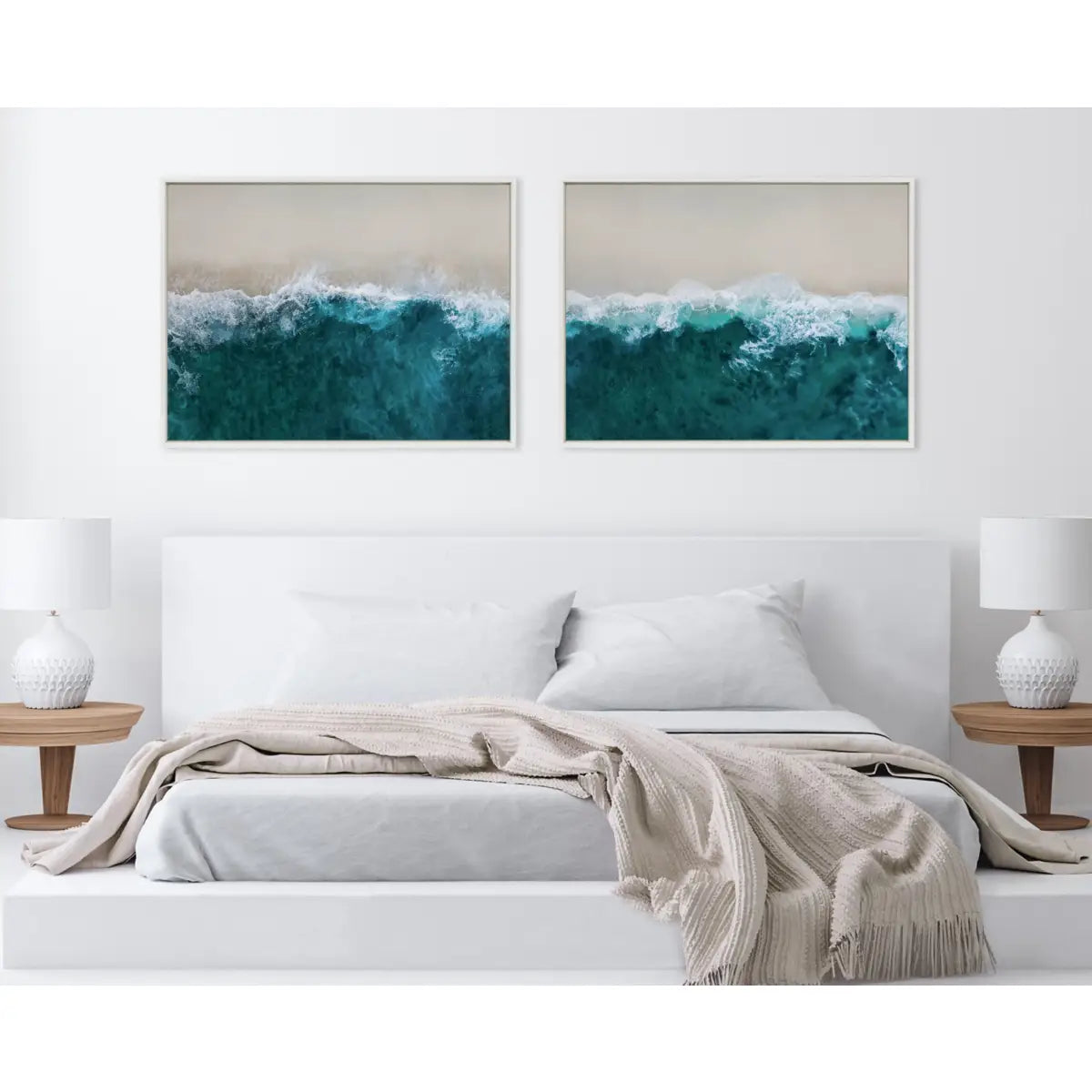 Framed Canvas Art - Waves Crashing on the Beach 1 and 2 - Set of 2 - White / 2 Piece Set 28x38 - kateandlaurel