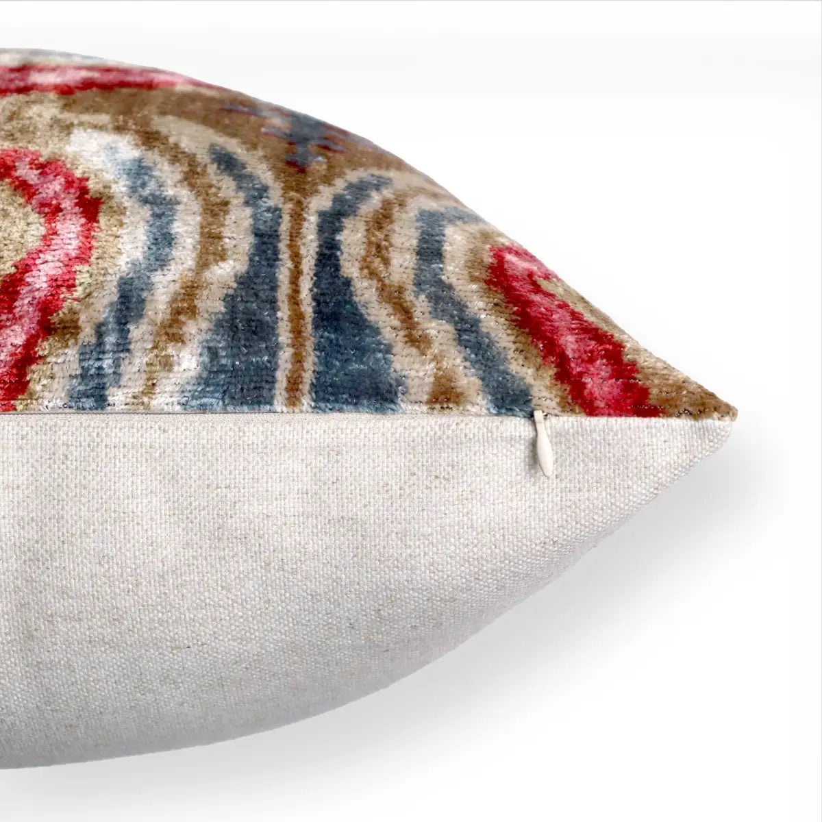 Taupe Blue Red Silk Velvet Pillow – 20x20 Handmade Ikat Luxury Cushion - Canvello