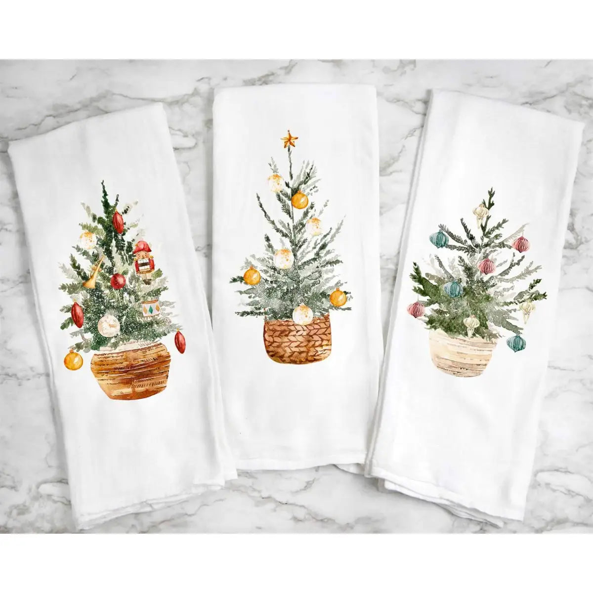 Tea Towel - Christmas Tree with Gold & White Ornaments - Peach Closet