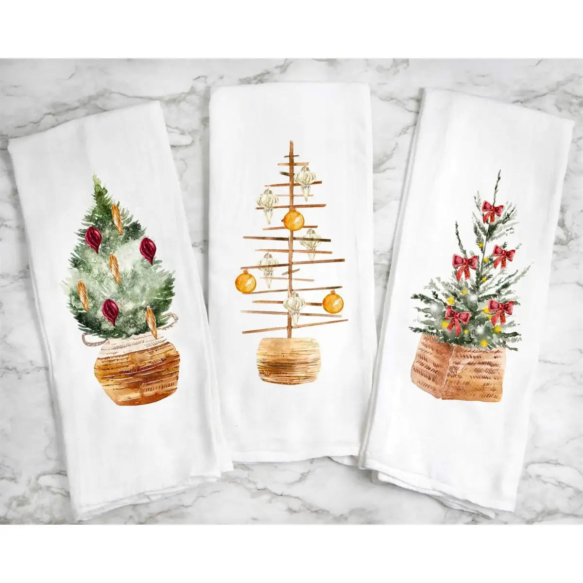 Tea Towel - Christmas Tree with Red Ribbons - Peach Closet