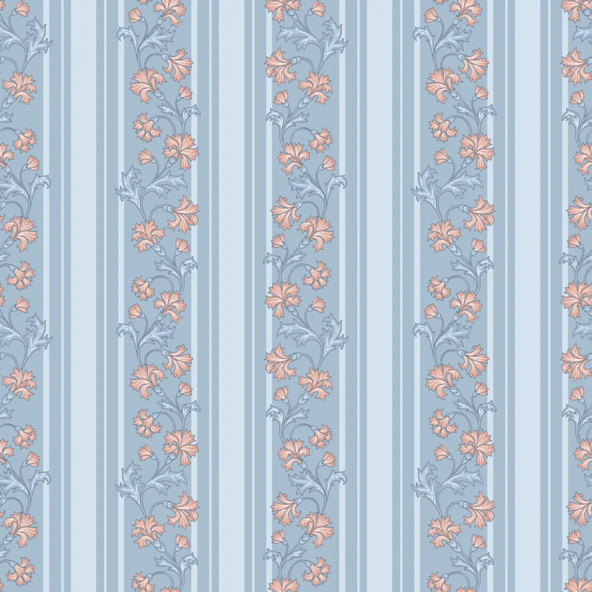 Tillie Wallpaper - Flowers and Stripes - by Anna Black Creative - Sample 1 foot by 1 foot / Mid Blue and Pink