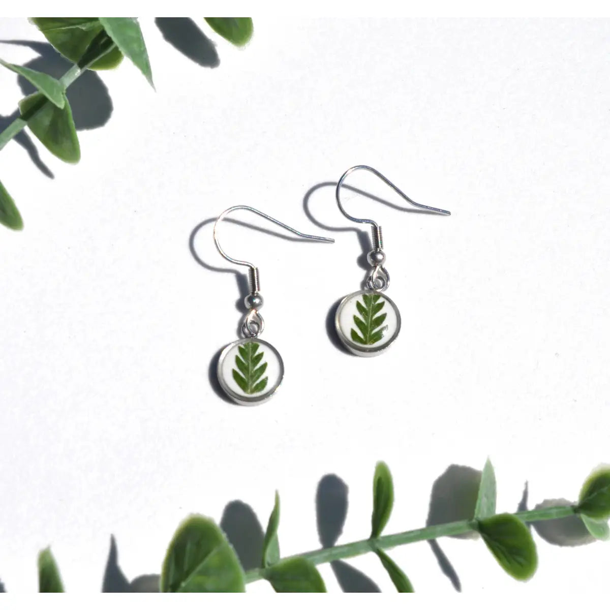 Tiny Fern Circle Earrings Pressed Flowers - My Beverly Jewelry