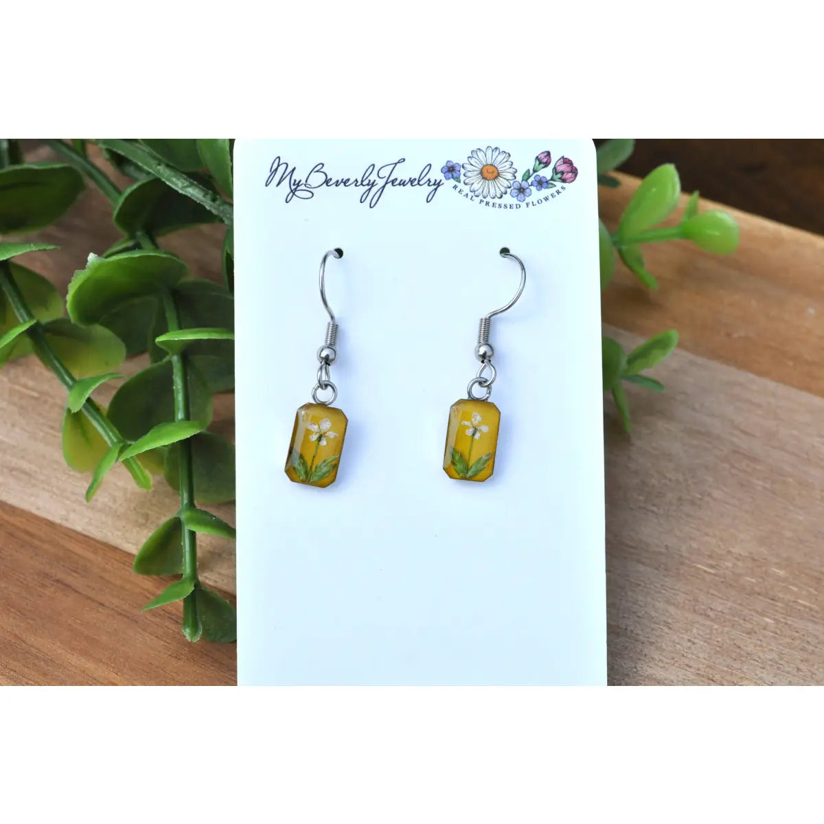 Tiny Flower Rectangle Earrings Pressed Flowers - Yellow - My Beverly Jewelry