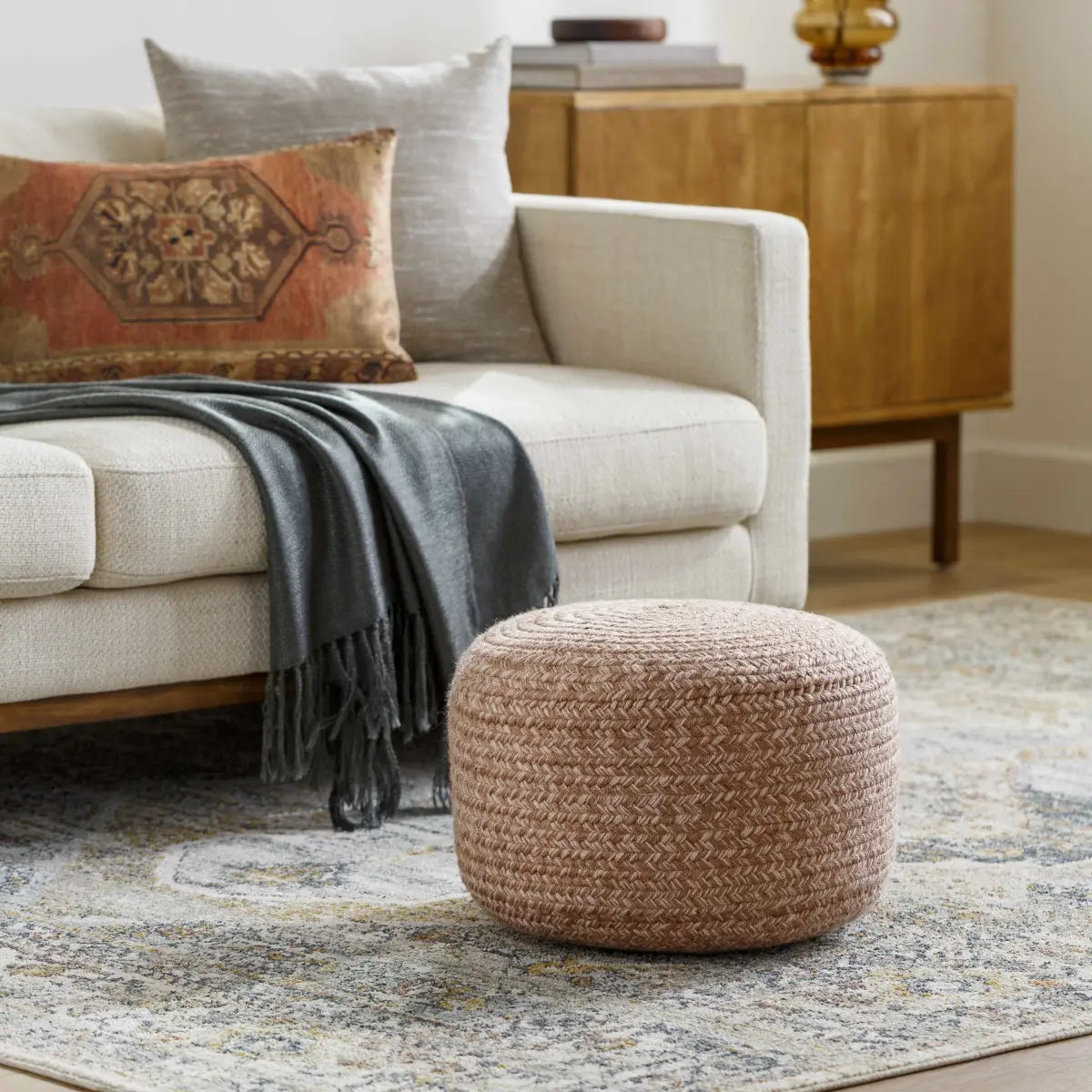 Tonanitla Natural Fiber Blush Knitted Pouf - 12’’H x 18’’W x 18’’D Cylinder - Boutique Rugs