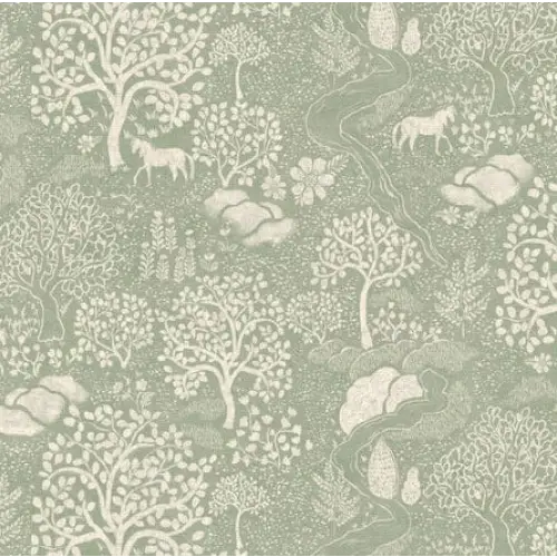 Townsley Wallpaper - Pastel Forest with Horses - by Aynsley Ovard x Bloomery Decor - Sample 1 foot by 1 foot / Sage