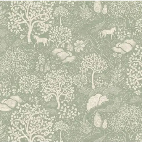 Townsley Wallpaper - Pastel Forest with Horses - by Aynsley Ovard x Bloomery Decor - Sample 1 foot by 1 foot / Sage