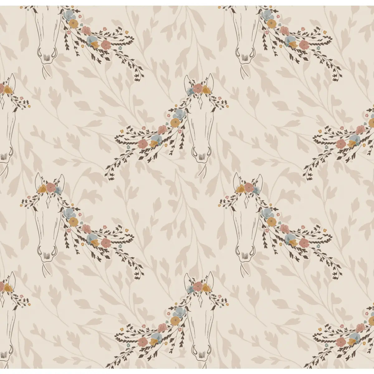 Trixie Wallpaper - Horses and Flowers - by Hearten Design - Sample 1 foot by 1 foot / Neutral - Loomwell Home Goods