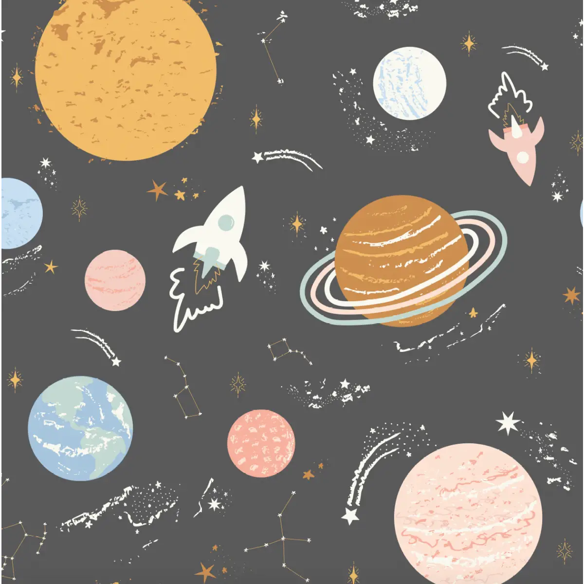 Venus Wallpaper - Planets in Space for Kids - by Antonela Fulir - Sample 1 foot by 1 foot / Charcoal - Loomwell Home