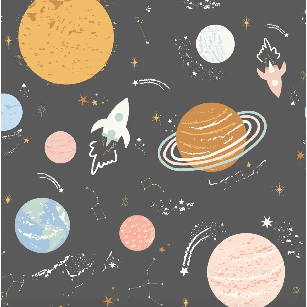 Venus Wallpaper - Planets in Space for Kids - by Antonela Fulir - Sample 1 foot by 1 foot / Charcoal - Loomwell Home