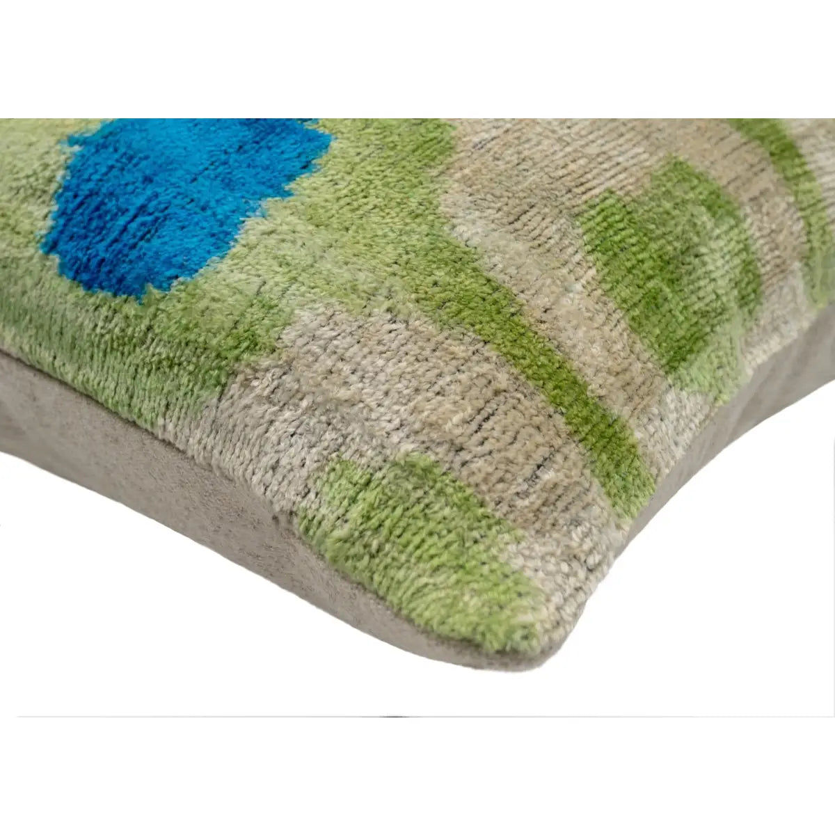 Vibrant 16x16 Handmade Ikat Silk Velvet Pillow with Premium Down Feather Insert by Canvello – Lively Green and Blue