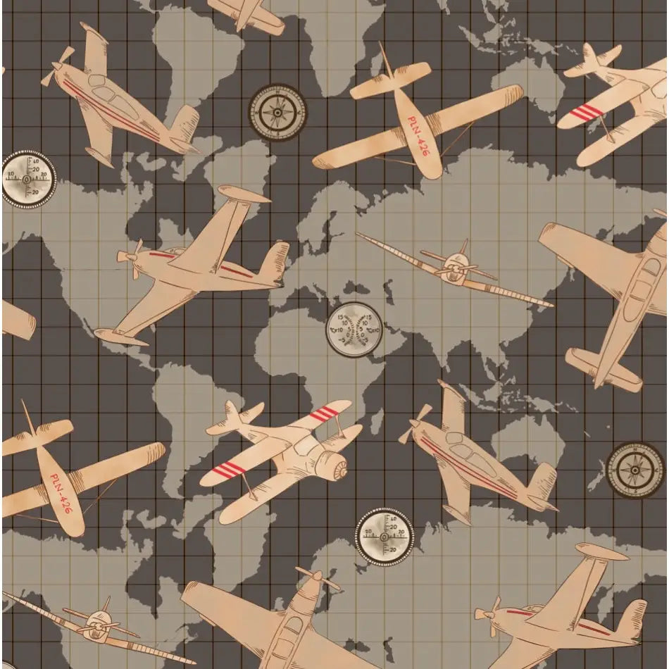 Walker Wallpaper - Airplanes on World Map - by Cinnamon Clouds - Sample 1 foot by 1 foot / Charcoal - Loomwell Home