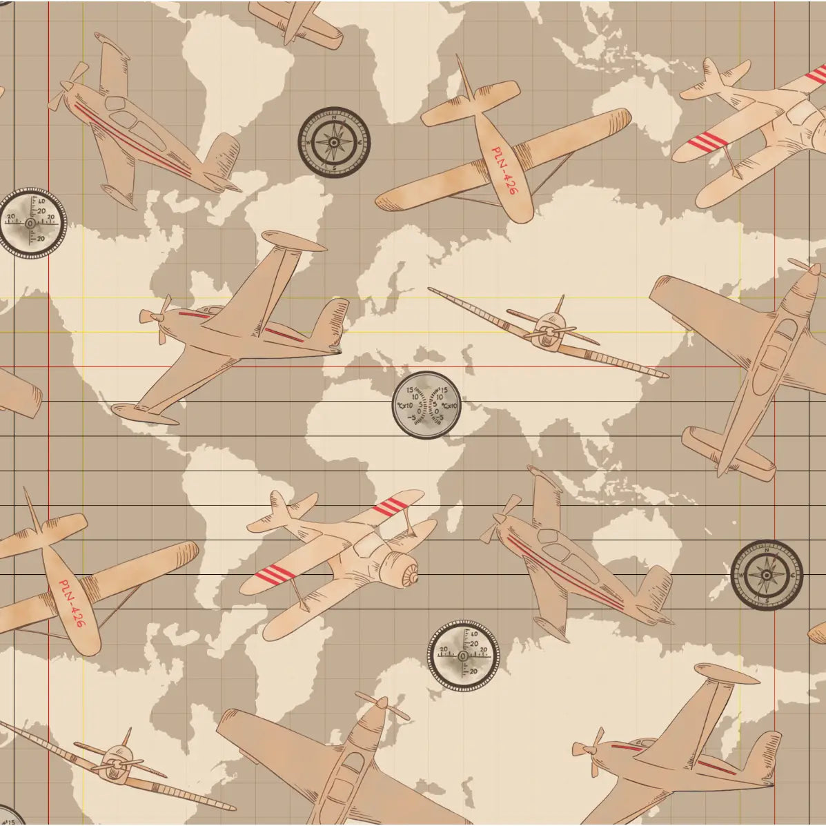 Walker Wallpaper - Airplanes on World Map - by Cinnamon Clouds - Sample 1 foot by 1 foot / Khaki - Loomwell Home Goods