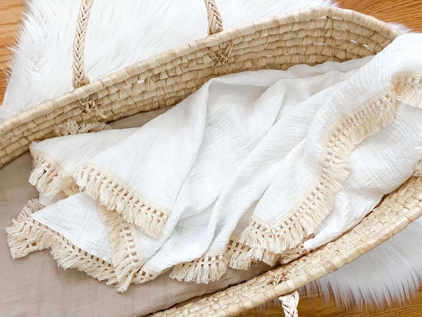 Fringe Swaddle Blanket - White - Harp Angel Boutique