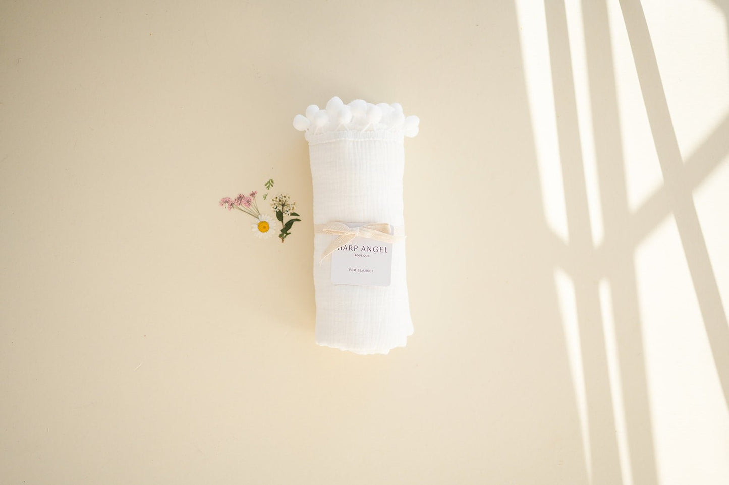 White Pom Muslin Swaddle Blanket - Harp Angel Boutique