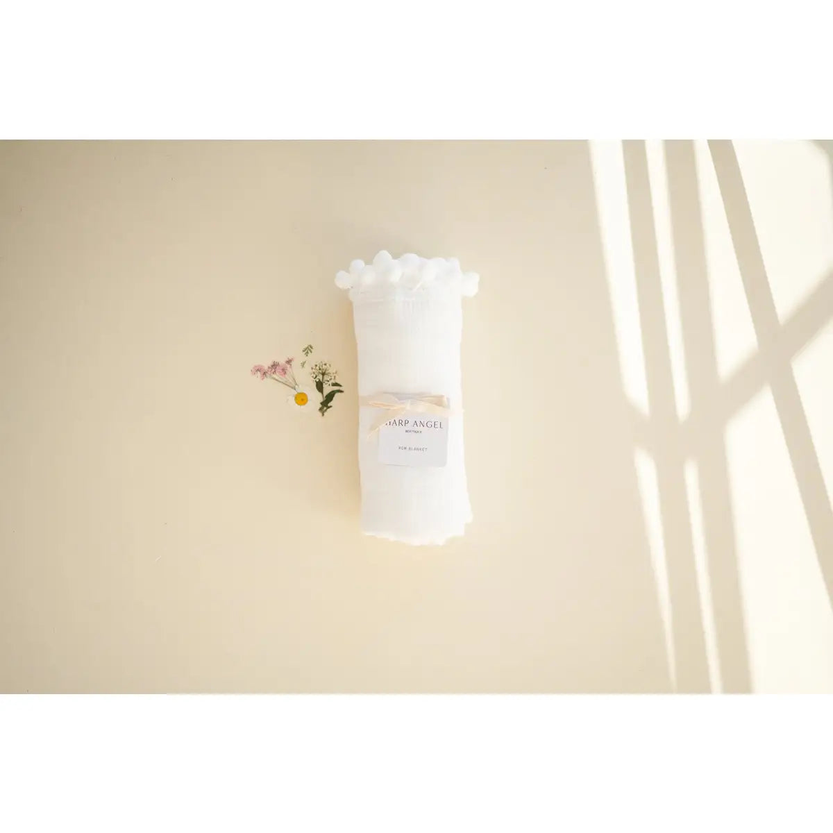 White Pom Muslin Swaddle Blanket - Harp Angel Boutique
