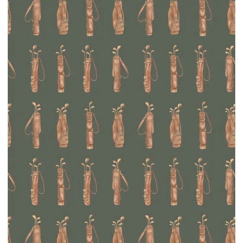 Woods Wallpaper - Vintage Golf Bags - by Hailey Kiefer - Sample 1 foot by 1 foot / Brown on Dark Green - Loomwell Home