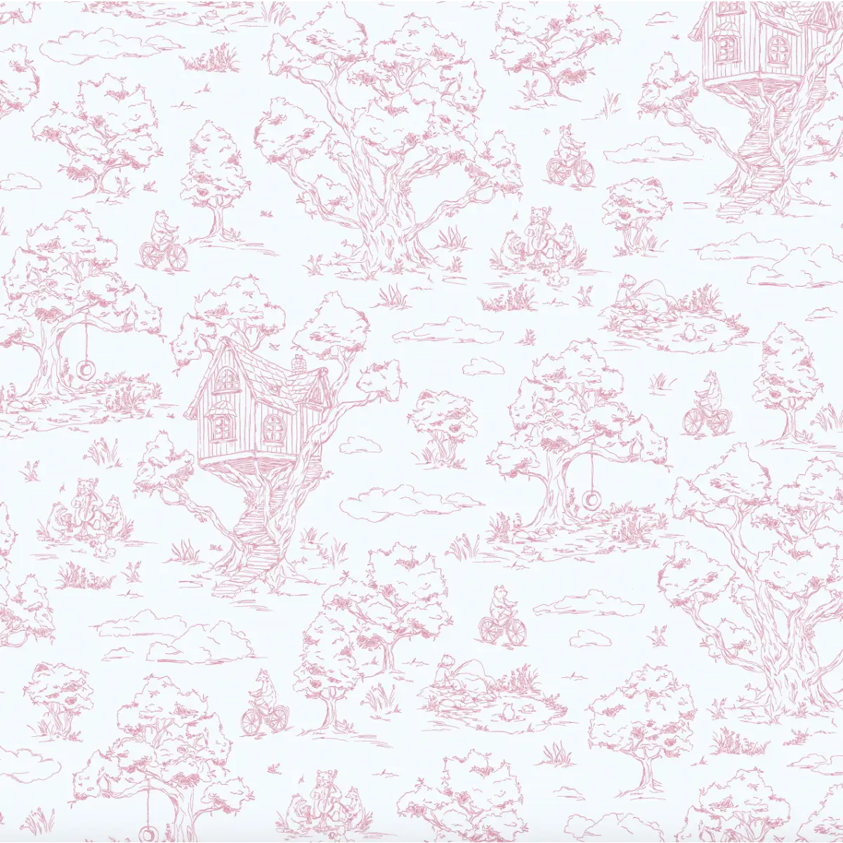 Wyatt Wallpaper - Bears and Treehouse - Line Drawings by Aubrey Fairchild - Sample 1 foot by 1 foot / Magenta
