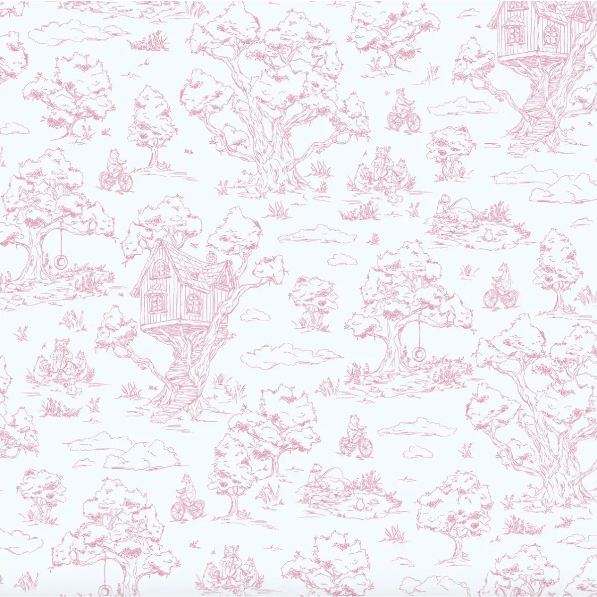 Wyatt Wallpaper - Bears and Treehouse - Line Drawings by Aubrey Fairchild - Sample 1 foot by 1 foot / Magenta