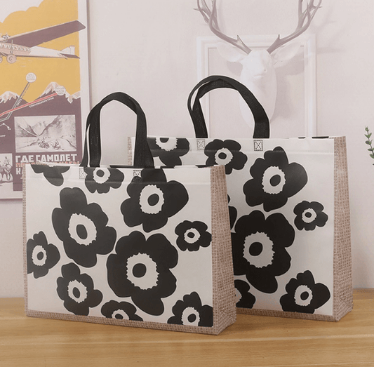 Black and white floral tote bags