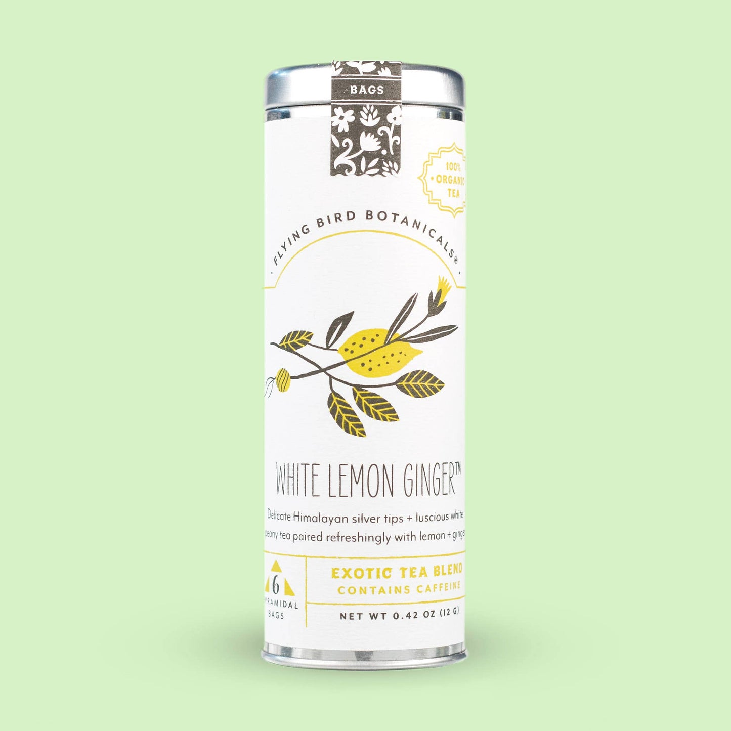 White Lemon Ginger – 6 Tea Bag Tin - Flying Bird Botanicals