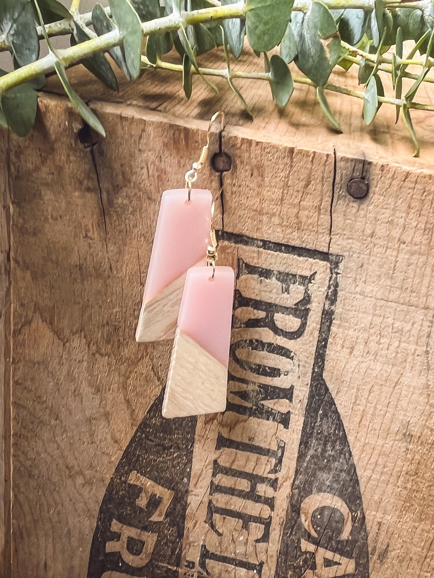 Beautiful Pink Resin and Wood Earrings