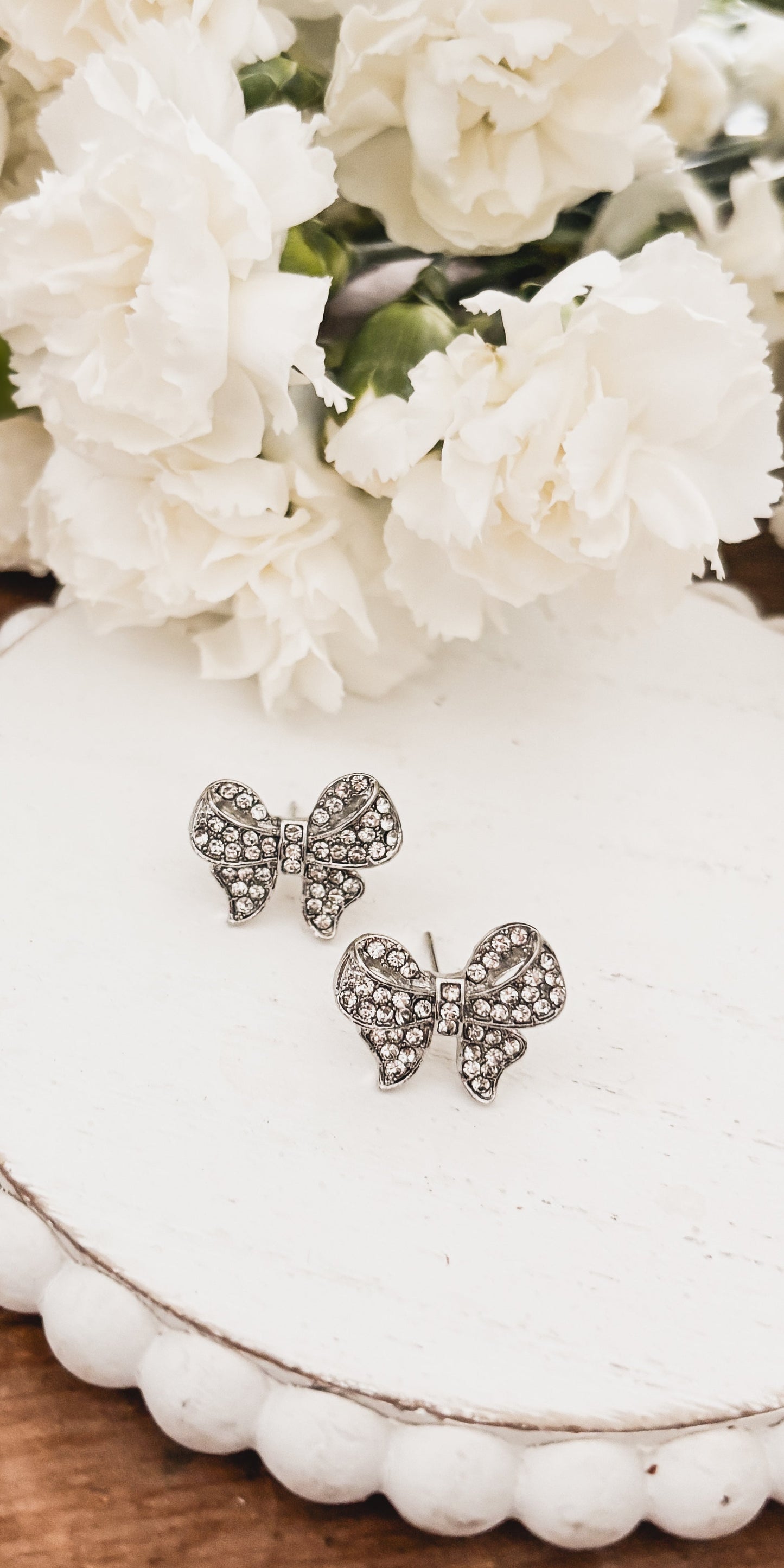 Adorable Silver Rhinestone Bow Earrings