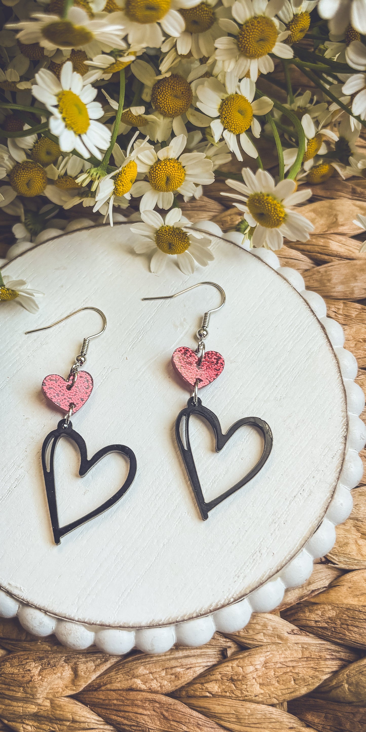 Adorable Black and Red Heart Drop Earrings