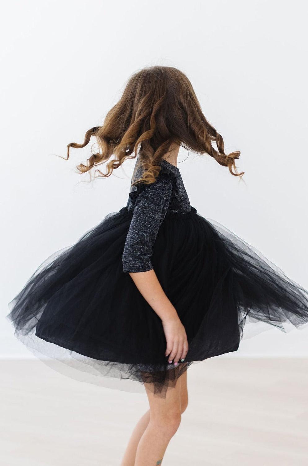 Black Shimmer 3/4 Sleeve Tutu Dress