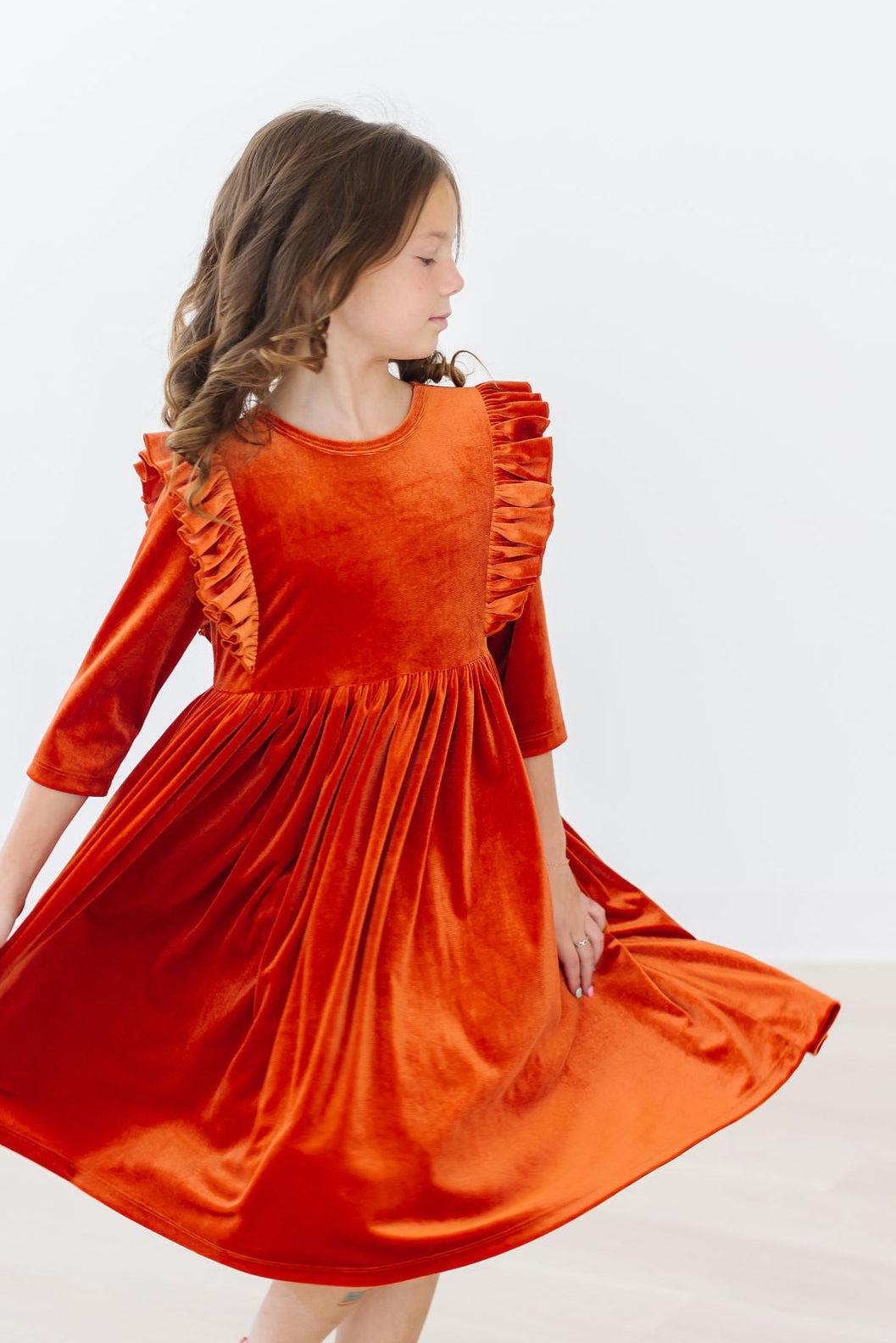 Pumpkin Spice Velvet Ruffle Twirl Dress