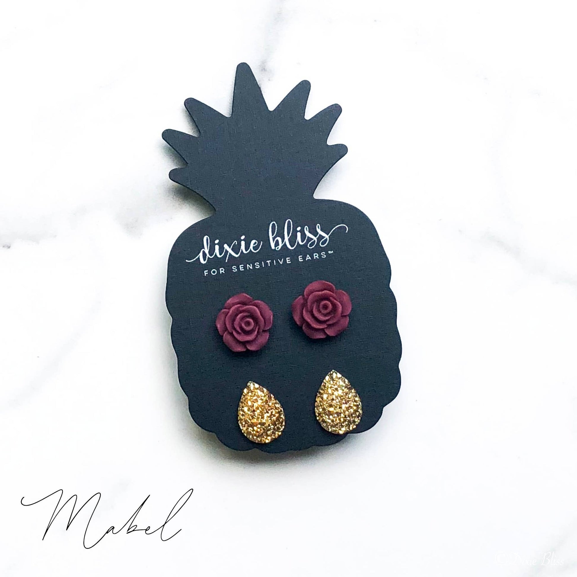 ’Mabel’ Set of 2 Pair Earrings gold and floral - Dixie Bliss
