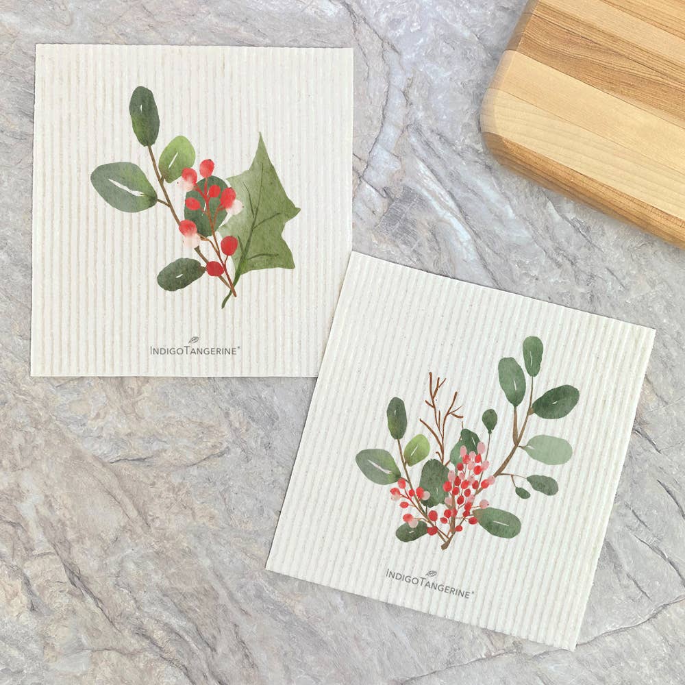 Holly and Winter Berries - Christmas Dish Cloths - set of 2