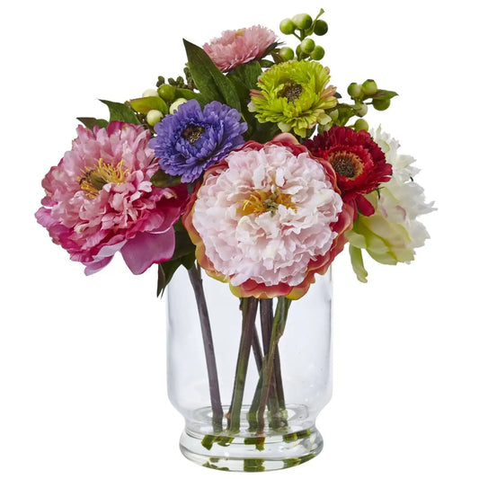 10.5’’ Artificial Peony and Mum in Glass Vase’ - Nearly Natural