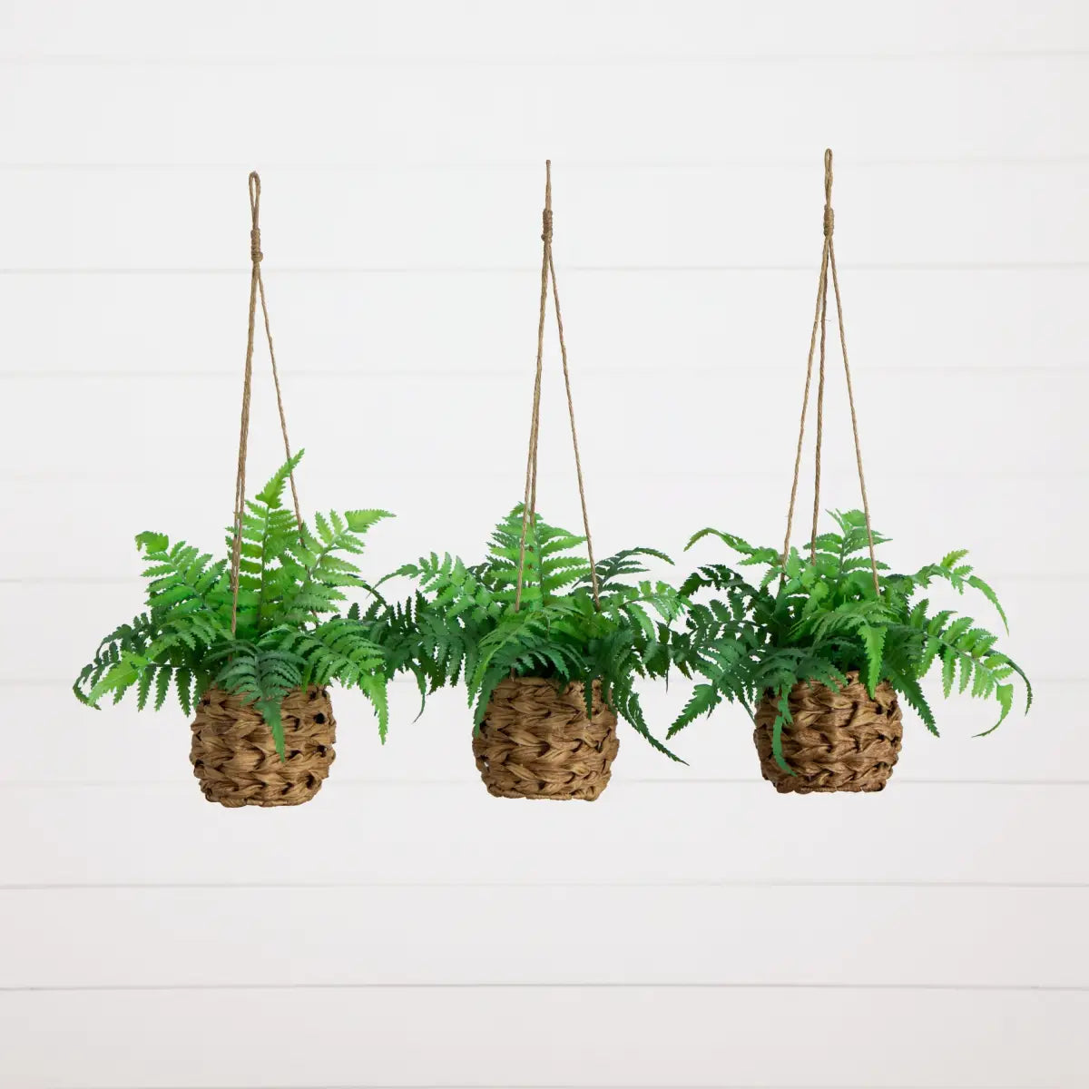 10” UV Resistant Artificial Boston Fern in Hanging Wicker Basket (Indoor/Outdoor) - Set of 3 - Nearly Natural