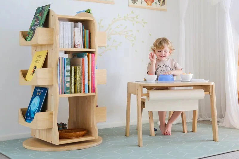 Estantería giratoria de madera maciza Mesasilla para niños - Biblioteca para el hogar de 360 ​​grados