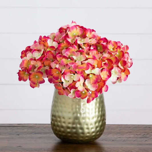 11” Artificial Hydrangea Arrangement in Gold Metal Vase - Nearly Natural