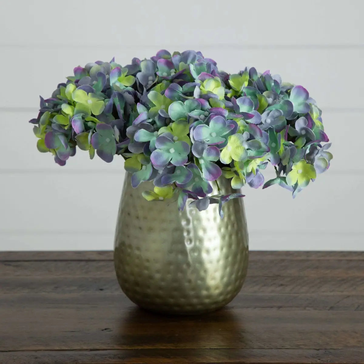 11” Artificial Hydrangea Arrangement in Gold Metal Vase - Nearly Natural
