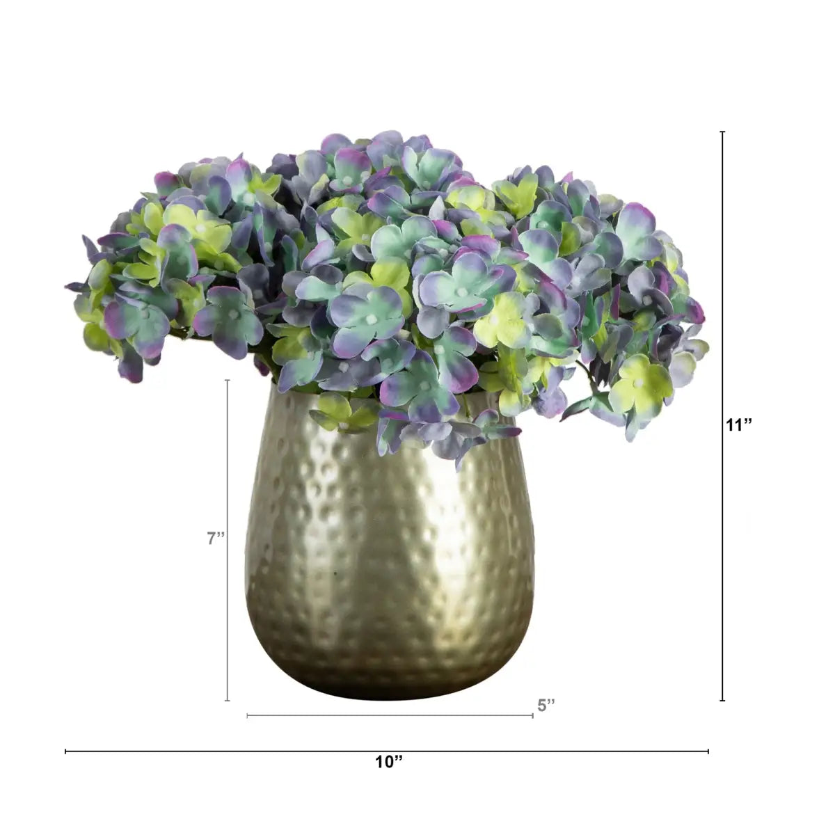 11” Artificial Hydrangea Arrangement in Gold Metal Vase - Nearly Natural