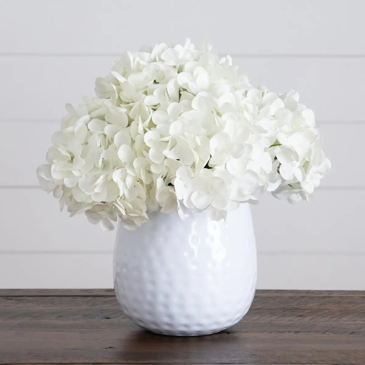 11” Artificial Hydrangea Arrangement in White Metal Vase - White - Nearly Natural