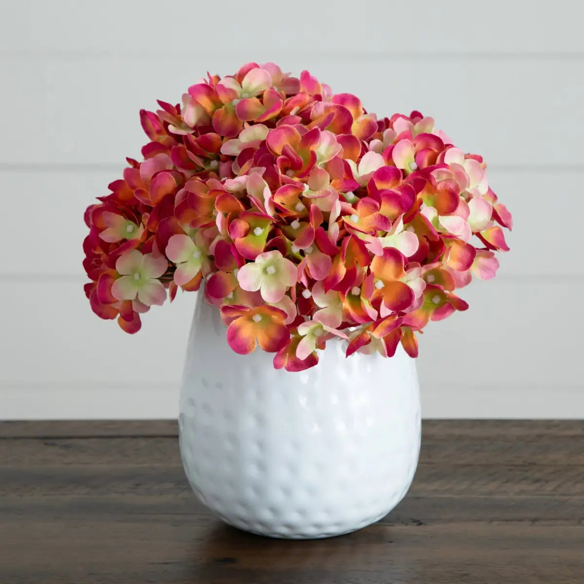 11” Artificial Hydrangea Arrangement in White Metal Vase - Pink - Nearly Natural