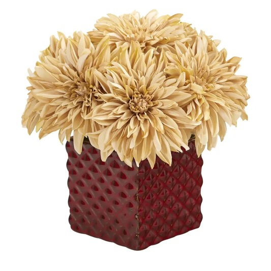 11” Dahlia Artificial Arrangement in Red Ceramic Cube - Cream - Nearly Natural