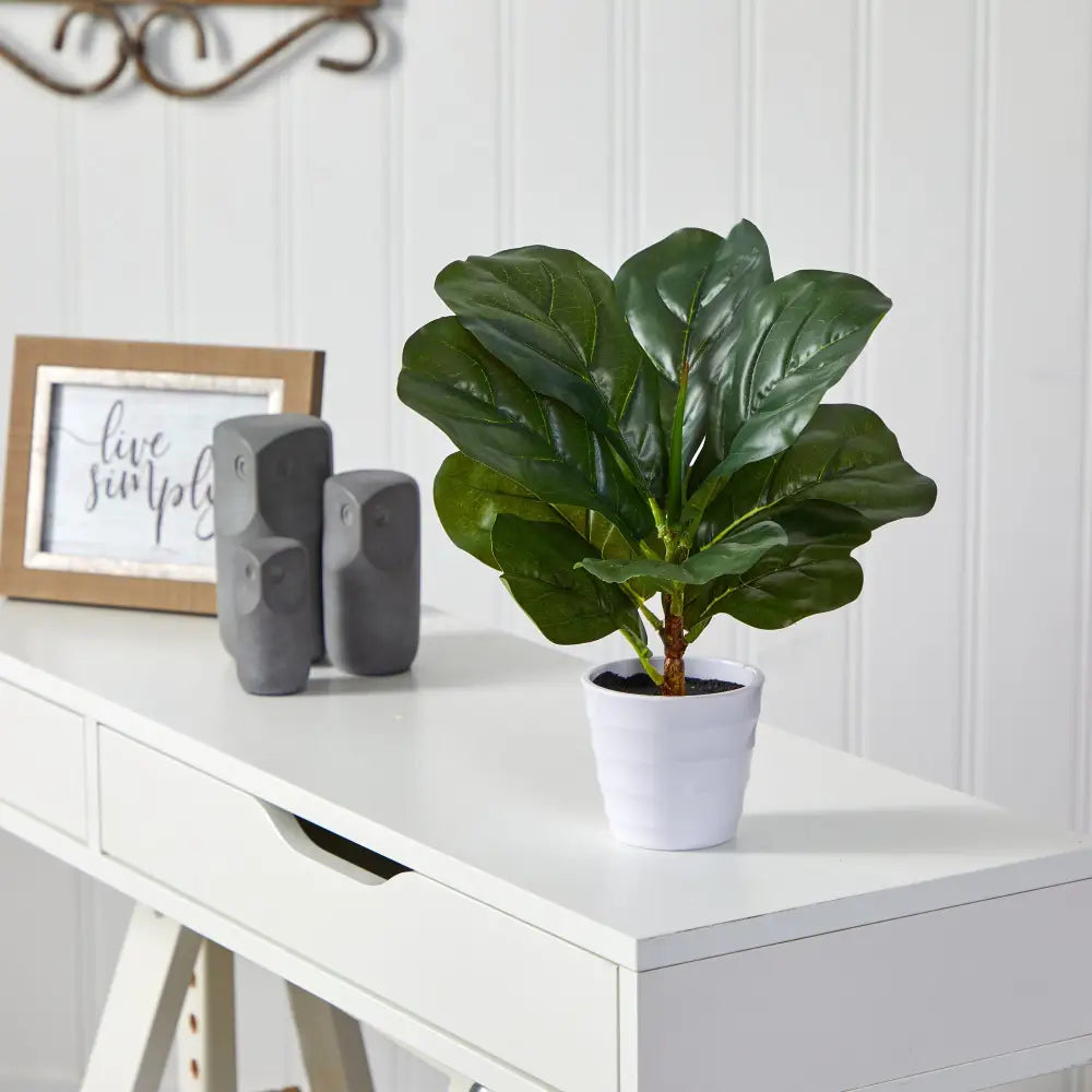 11” Fiddle Leaf Artificial Plant in White Planter (Real Touch) - Nearly Natural