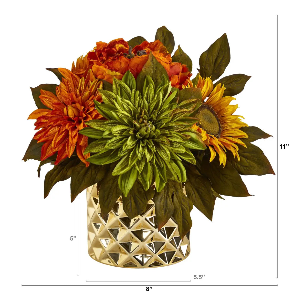 11” Peony Dahlia and Sunflower Artificial Arrangement in Gold Vase - Nearly Natural