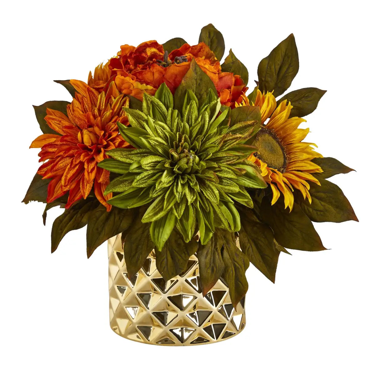 11” Peony Dahlia and Sunflower Artificial Arrangement in Gold Vase - Nearly Natural