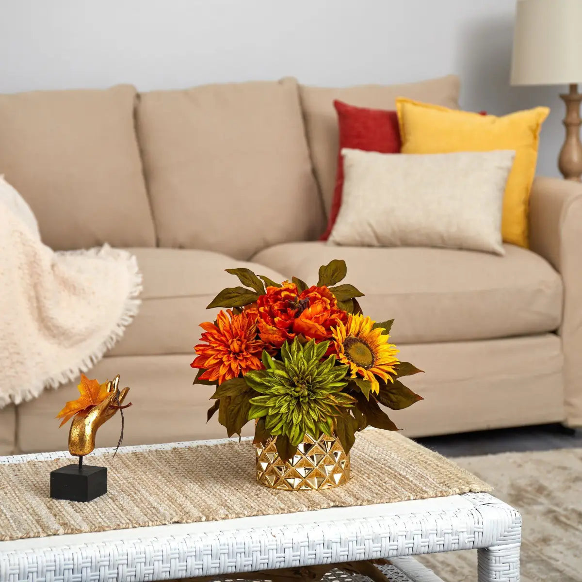 11” Peony Dahlia and Sunflower Artificial Arrangement in Gold Vase - Nearly Natural