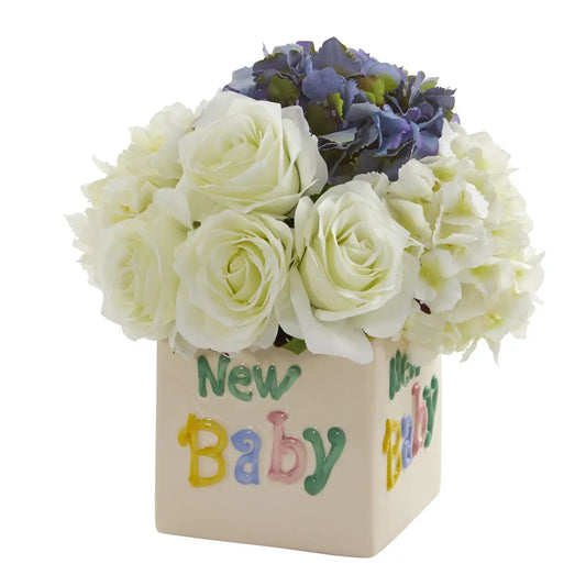 11” Rose and Hydrangea Artificial Arrangement in “New Baby” Vase - White Blue - Nearly Natural