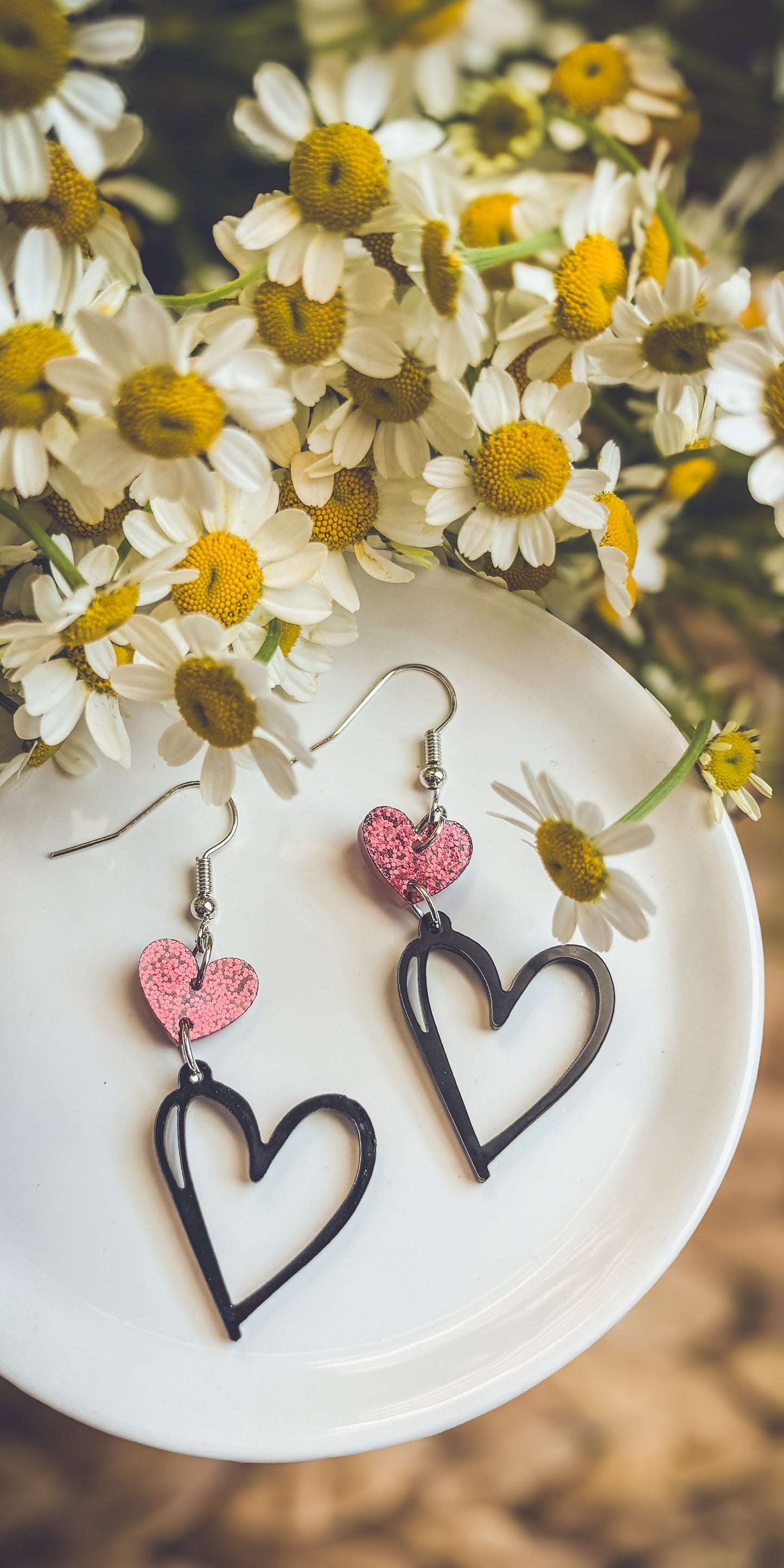 Adorable Black and Red Heart Drop Earrings