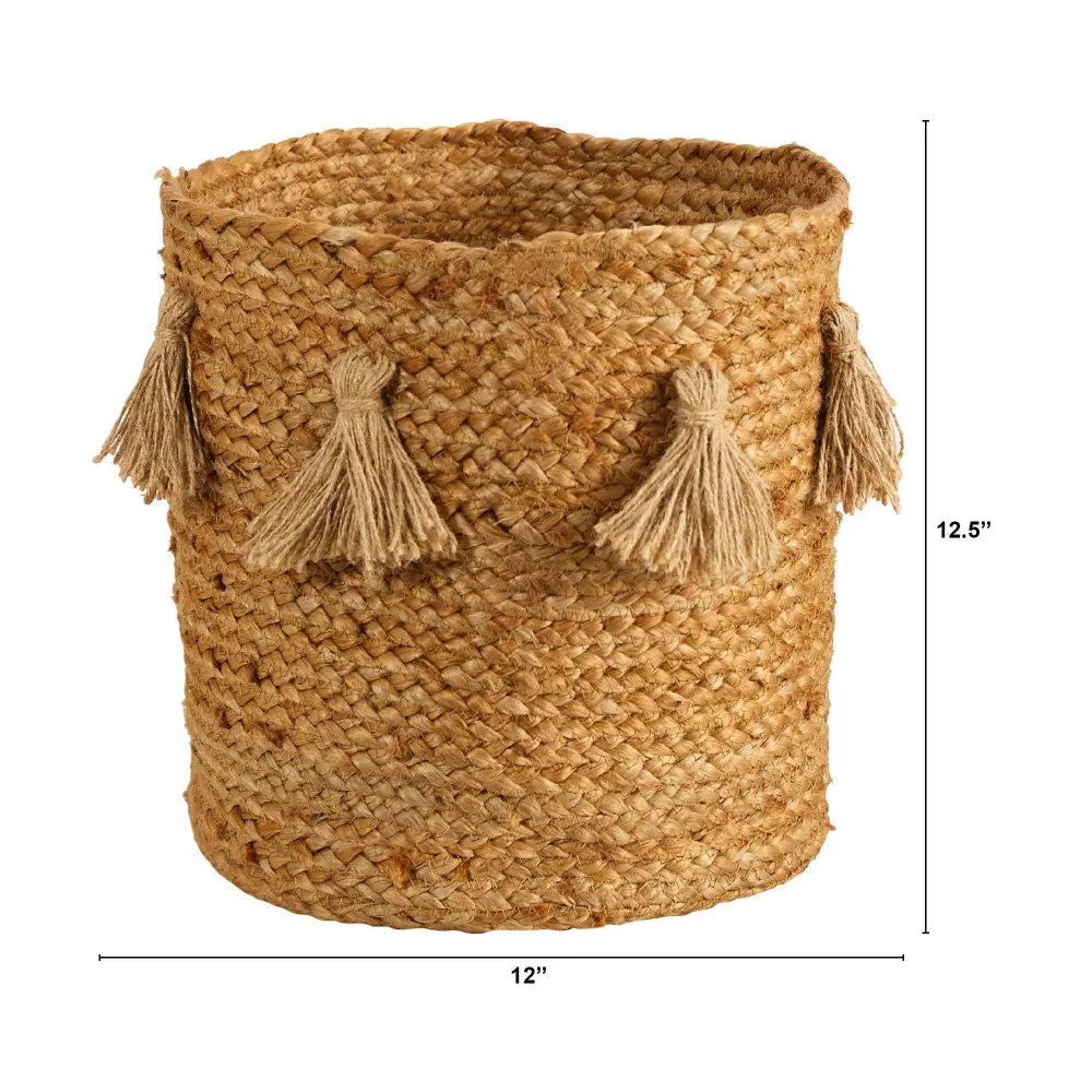 12.5” Boho Chic Natural Hand-Woven Jute Basket with Tassels - Nearly Natural